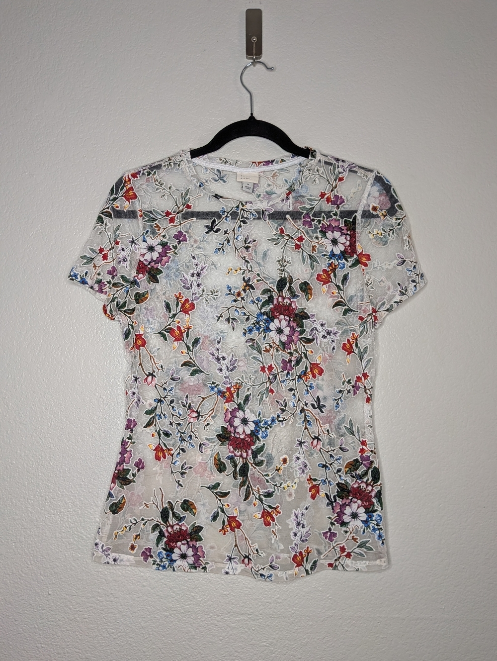 a new day White Sheer See Through Fairy Floral Mesh Lace Crew Neck Tee M